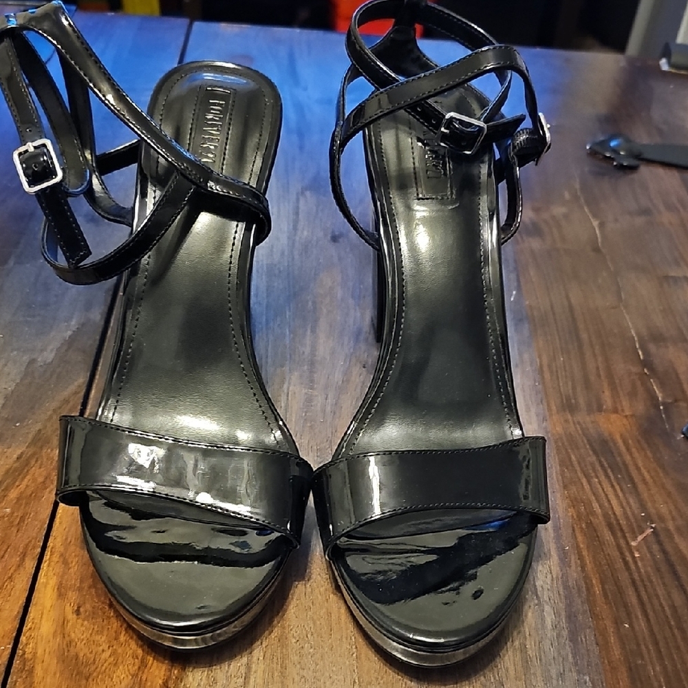 Forever 21 Glossy Black Strappy Heels
